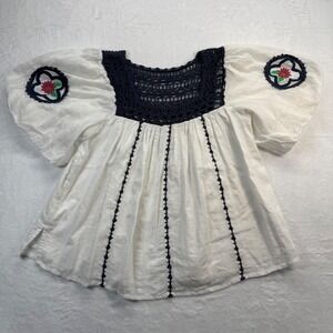 Cleobella White Peasant Blouse with Navy Crochet Yoke and Floral Embroidery
